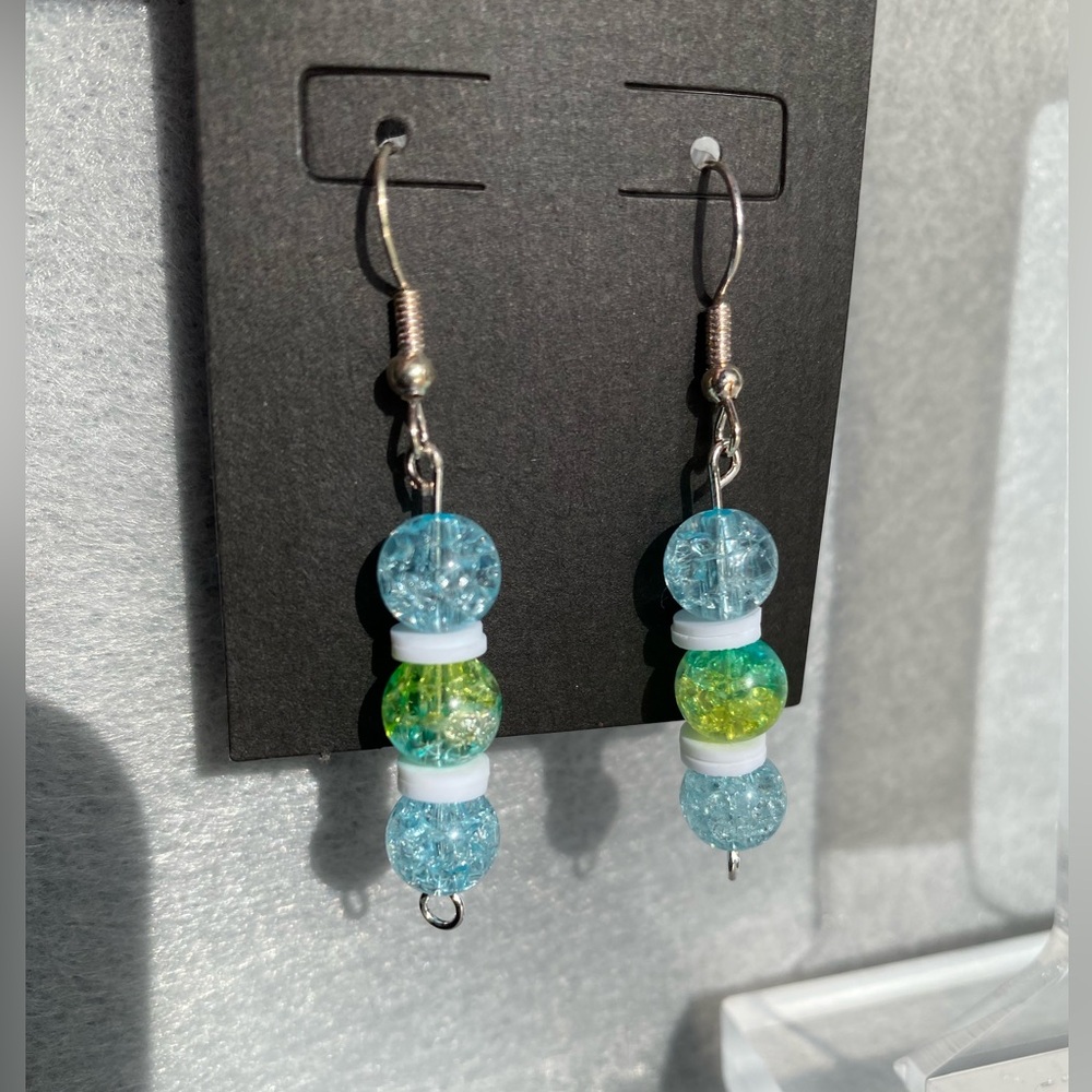 Handmade blue, yellow, and green dangle earrings
